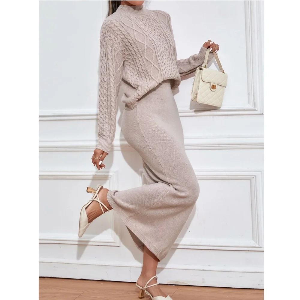2 Piece Knit Skirt Set Blush Color Long Skirt & Cable Knit Set - Picture 2 of 11